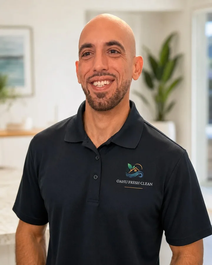 Daniel, owner of Oahu Fresh Clean LLC, wearing Oahu Fresh Clean work attire