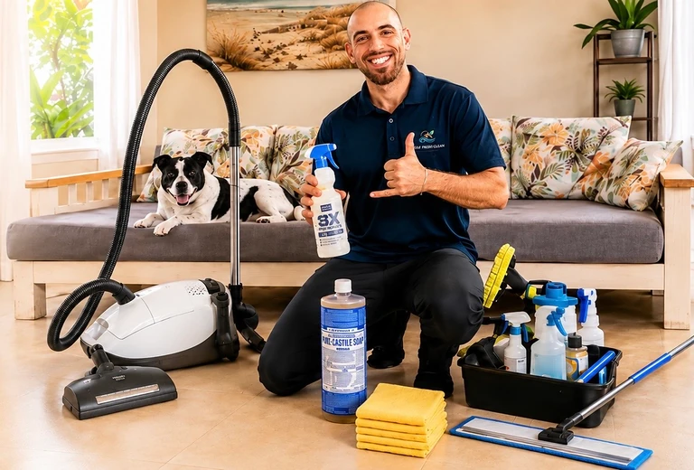 Daniel of Oahu Fresh Clean with professional cleaning equipment and supplies in an Oahu home