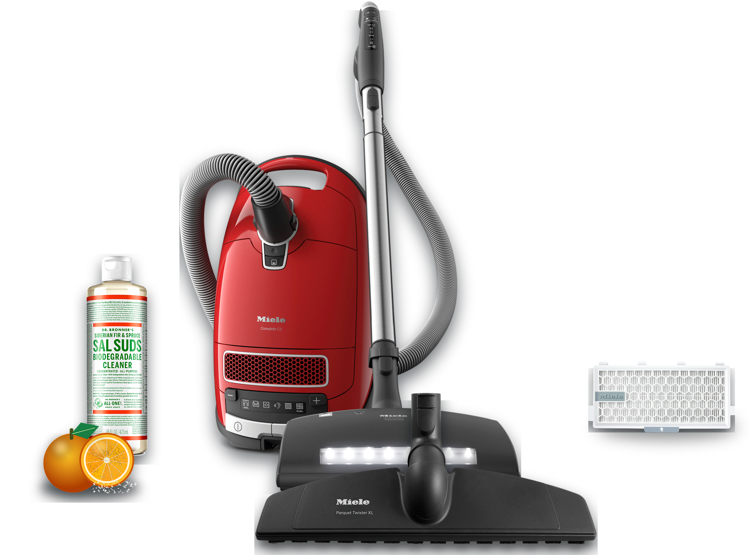 Oahu Fresh Clean everyday cleaner with Miele canister, HEPA filter, carpet powerhead, hard-floor tool, and targeted mineral-care presentation