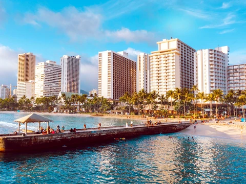 Waikīkī shoreline and Honolulu hotel skyline