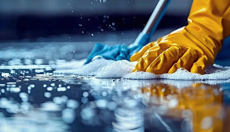 Gloved hands wiping a wet surface during a detailed deep cleaning service