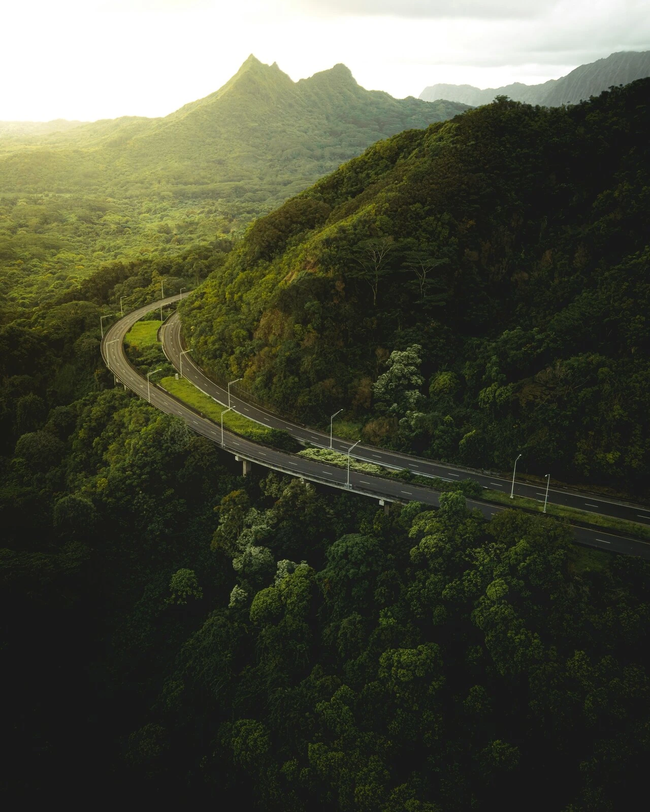Pali Highway curving through the Koʻolau mountains on the Kāneʻohe side